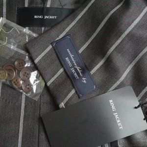 Ring Jacket Gray Wide Striped Silk Blend 2 Pc Suit Jacket Pants Sz 38 BRAND NEW